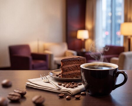 Steaming black coffee cup and chocolate cake slice on wooden table wit