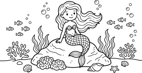 Naklejka premium Delightful underwater scene a beautiful mermaid resting on a rock surrounded by bubbles and marine life perfect for coloring