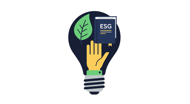 ESG Concept Illustration representing Environmental Social and Governance criteria with Light Bulb, Green Leaf, Book and Hand Icons for Sustainable Corporate Business