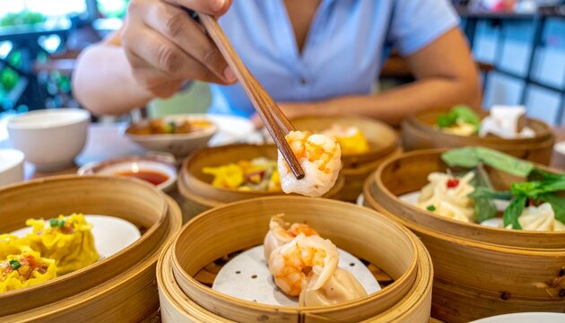 Person Eating Steamed Shrimp Dumplings Using Chopsticks at an Authentic Asian Dim Sum Restaurant Table Spread