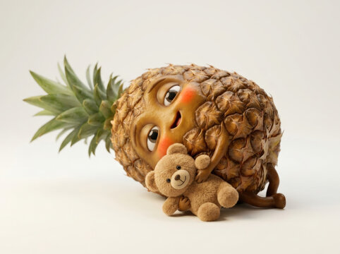 Funny pineapple character hugging teddy bear while leaning sideways against light background for whimsical home decor concept.