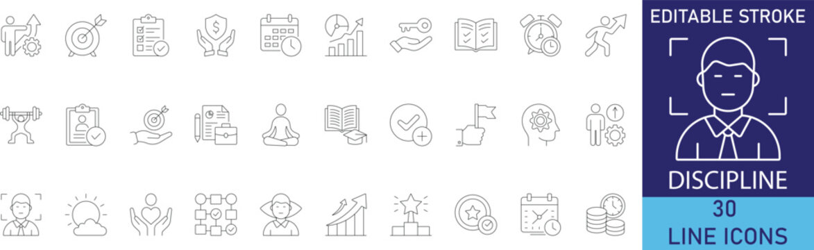Discipline and self control routine habit rules line icon set. Vector symbols for daily schedule checklist, strict time management clock, focus target meditation, whistle regulation, and law book enfo