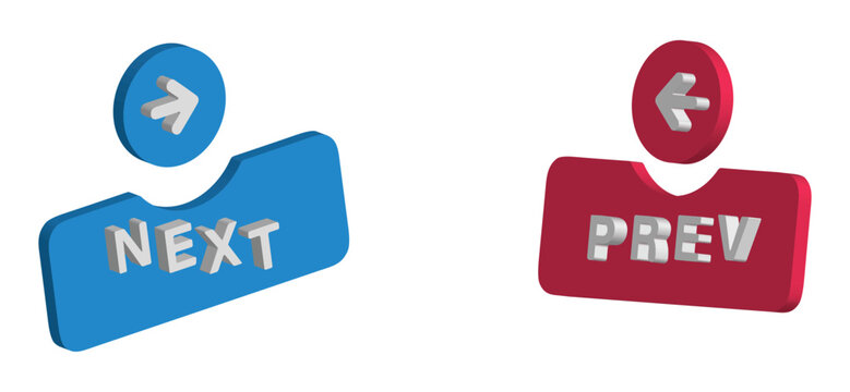 Navigation Buttons: A bright blue NEXT button and a vibrant red PREV button, each adorned with an arrow icon, signify digital navigation and user interface control.