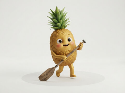 Golden pineapple cartoon character holding wooden paddle for watersports concept or rowing activity on bright white background.