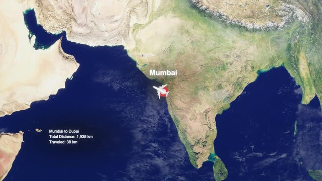 3D Earth Flight Route Mumbai To Dubai With Dotted Path And HUD Data