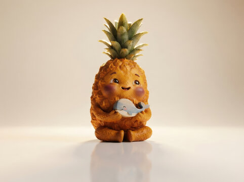Happy pineapple character holding cute wooden whale toy for nursery wallpaper or soft imaginative interior decoration concept art.