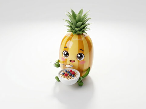 Happy pineapple character eating granola cereal with berries for healthy breakfast promotion and lifestyle marketing imagery.