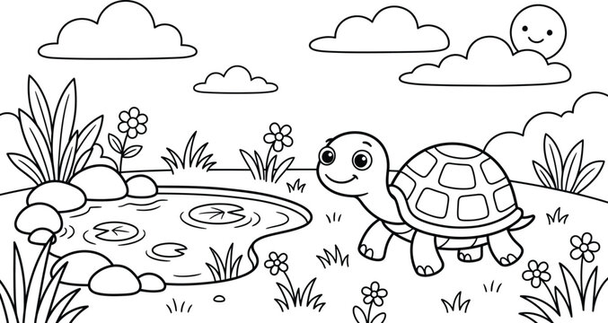 A delightful coloring page featuring adorable baby turtles exploring a lush grassy landscape under fluffy clouds perfect for kids