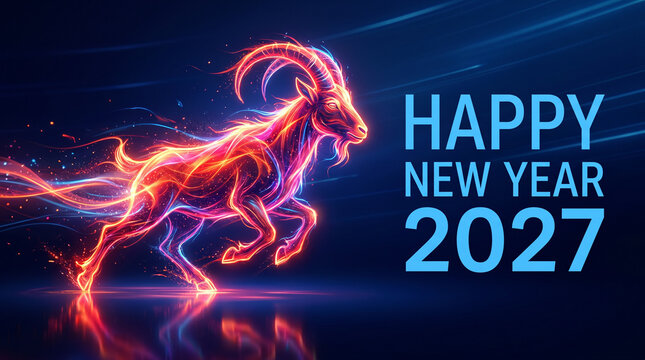 Happy New Year 2027 Year of the Goat Neon Fire Animal Running on Dark Blue Background with Reflection