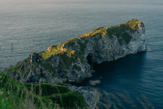 Kinbane Castle ruins on a narrow limestone headland above the Atlantic coast near Ballycastle, County Antrim, offering dramatic coastal scenery - County Antrim, Northern Ireland - 31 aug 2026