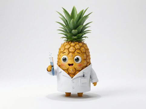 Little pineapple scientist character wearing white lab coat and holding glass test tube isolated on neutral studio background.
