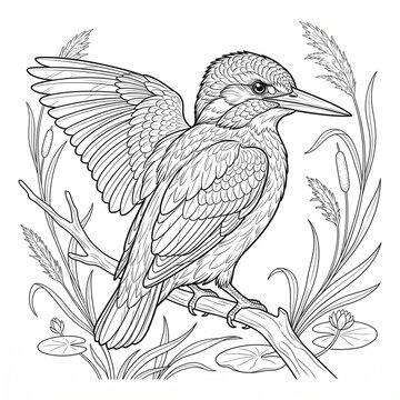 Kingfisher Bird Line Art Coloring Page On White Background