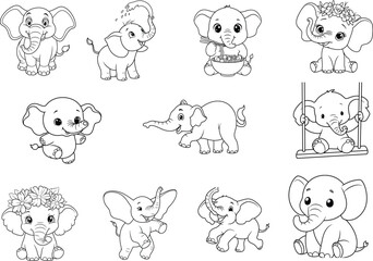 Obraz premium Cute baby elephant collection in black and white line art