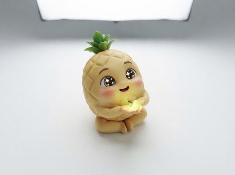 Small pineapple character sitting with glowing firefly in hands showing wonder and curiosity for magical nature photography art.