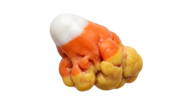 Human tonsil shaped like candy corn for Halloween medical or horror concept photography.