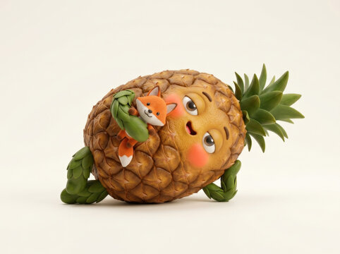 Whimsical pineapple fruit character relaxing and leaning on floor while holding miniature fox toy against clear white studio space.