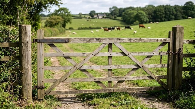 Wooden farm gate opening to a rural pasture with grazing cows in summer