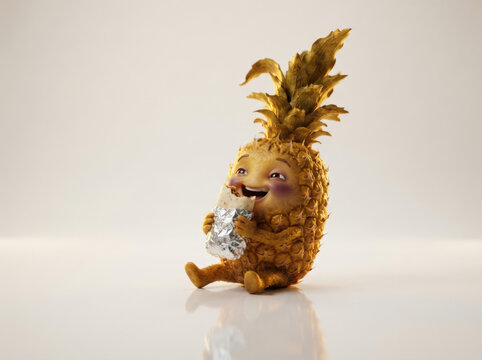 Whimsical pineapple mascot character eating delicious burrito wrapped in foil for casual fast food concept on plain studio backdrop.