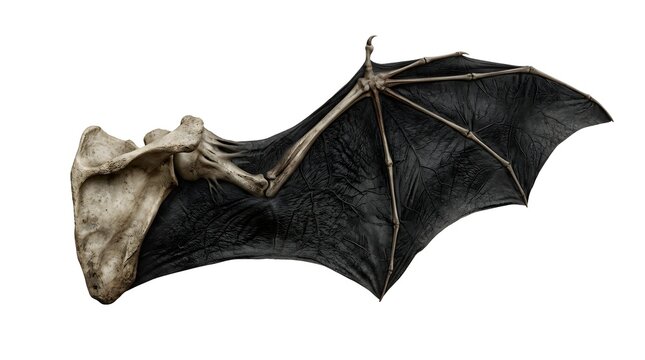 Human scapula bone attached to a dark bat wing isolated on white background for Halloween