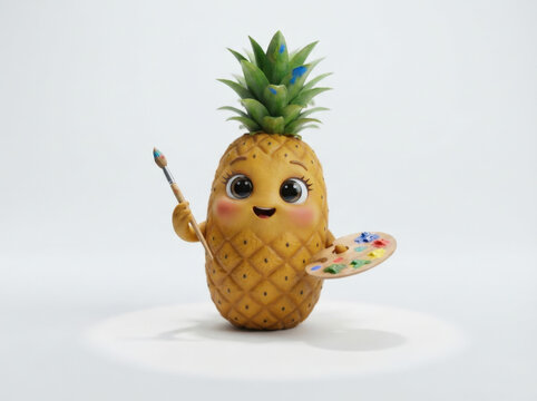 Cheerful pineapple artist character with paintbrush and palette for creative education and school project design concepts.