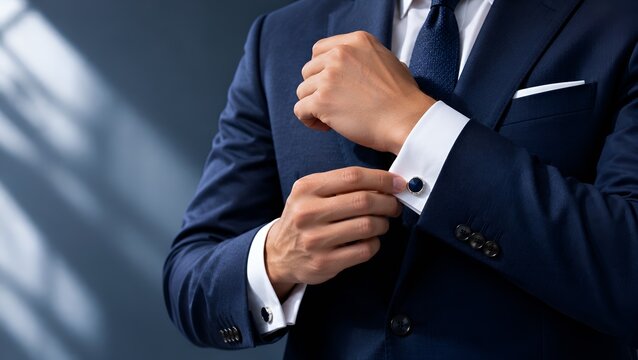 Close-up of a professional in a navy blue suit adjusting cufflinks, torso shot only, sleek modern studio lighting.
