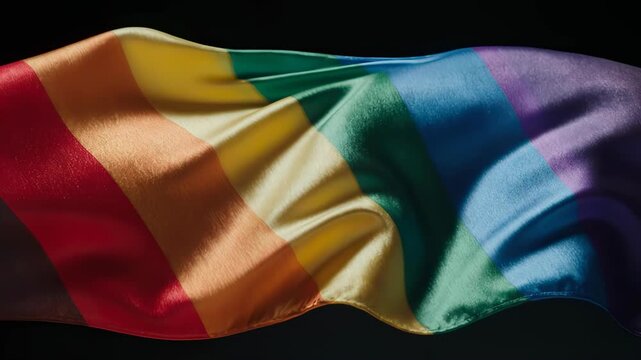 Cinematic 4K Ultra-Realistic Close-Up of Premium Rainbow Silk Fabric Flowing and Waving in Slow Motion on Black Background