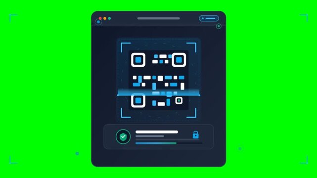 Digital QR code scanning animation on dark interface. Cyber security verification process on green screen background. Modern data encryption and authentication UI.