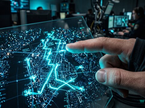 Person pointing at digital city map interface in futuristic control room