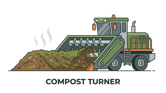 Compost turner illustration working on a large pile of organic waste