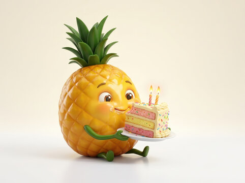 Cute cartoon pineapple character eating birthday cake with lit candles to celebrate festive party events on cream studio background.