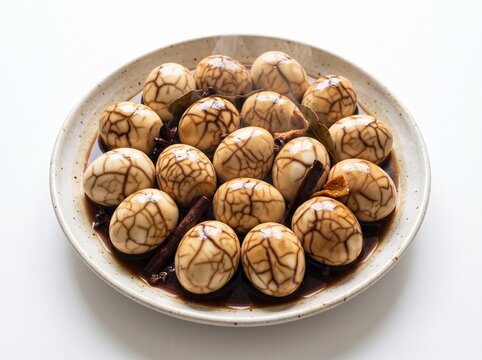 Traditional Chinese tea eggs with marbled patterns in a ceramic plate marbled eggs