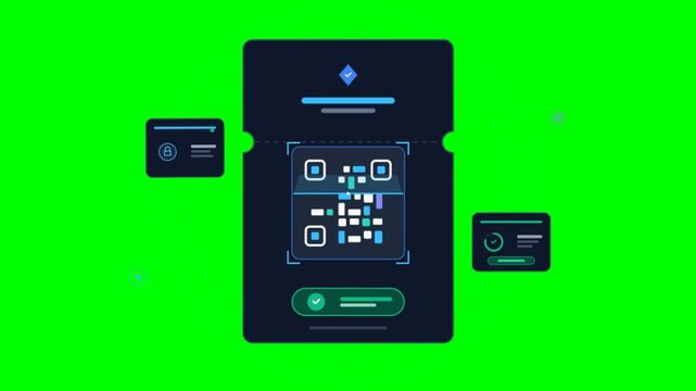 Digital QR code scanner animation on green screen, mobile app interface for secure payment, flat vector technology concept
