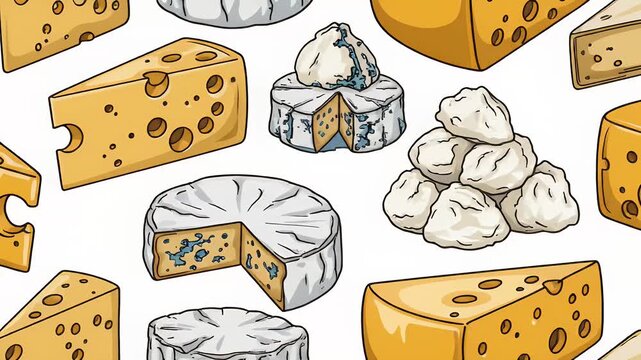 Seamless pattern of various cheese types, including swiss and brie, illustrated in a fun cartoon style, food illustration