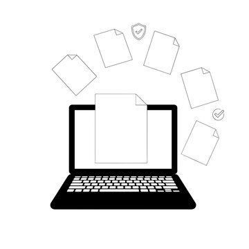 Laptop computer with floating documents and verification symbols in workflow
