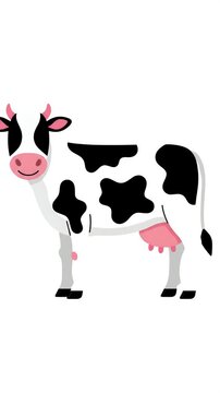 Farm animal cartoon cow illustration, a dairy cow with black spots and pink udder, isolated on white, suitable for farm or food concepts