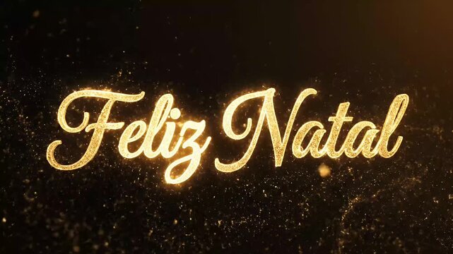 Sparkling golden Feliz Natal text animation with floating particles, festive holiday greeting motion graphic