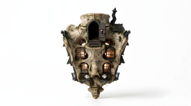 Haunted human sacrum bone house with glowing windows for Halloween horror decoration.
