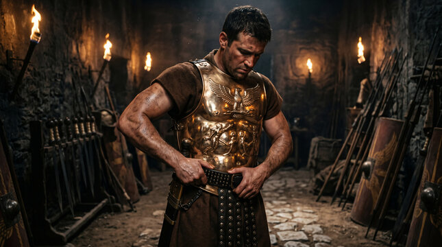 Visualizing the Epistles: The Armor of God. A Roman soldier tightly strapping on the Belt of Truth and the Breastplate of Righteousness