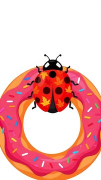 Pixel art ladybug with autumn leaves pattern inside pink frosted donut hole, motion graphic