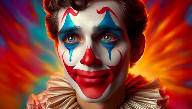A close-up of a circus clowns face with a painted tear and wistful smile against a colorful background, Ai generated image