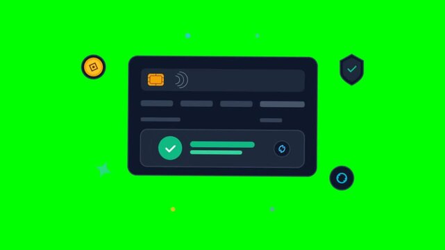Digital credit card animation on green screen, secure online payment interface, flat vector banking transaction concept