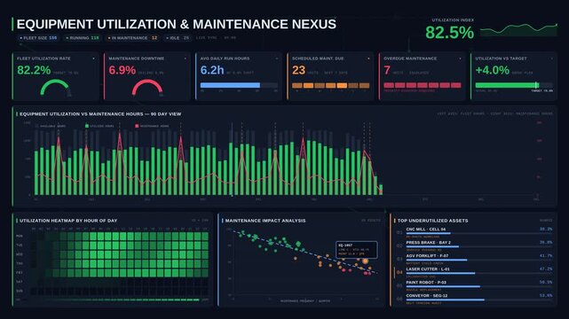 A detailed equipment utilization and maintenance dashboard featuring real-time analytics in a dual-theme design with vibrant colors and dynamic visual elements.