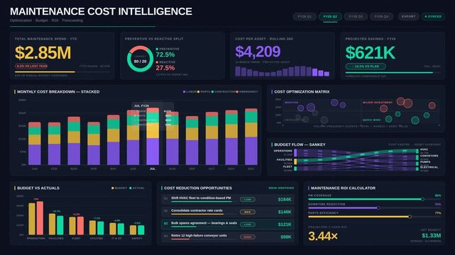 Explore a sophisticated Maintenance Cost Optimization Dashboard featuring sleek financial KPIs, interactive charts, and a modern design in deep navy and mint green tones.