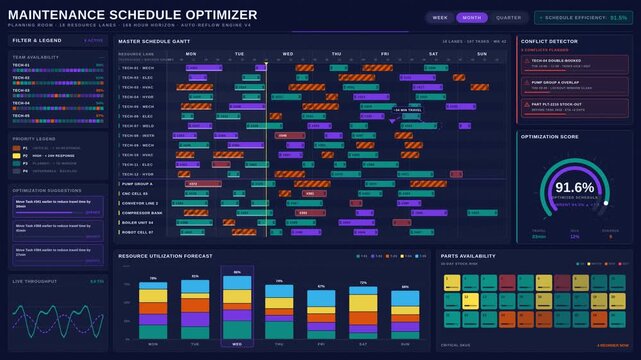 Explore a high-resolution maintenance scheduling optimization dashboard featuring a dark indigo design, Gantt chart, and efficiency metrics for effective resource management.