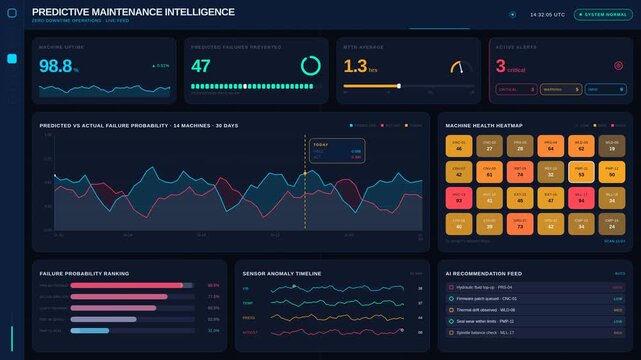 A dark-mode predictive maintenance dashboard showcasing live operational data with KPI cards, area charts, and anomaly timelines for zero downtime monitoring in an industrial setting.