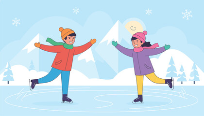 Fototapeta premium Happy boy and girl ice skating together on an outdoor frozen pond with snowy mountains and pine trees in the background.