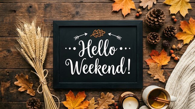 A black chalkboard sign reading hello weekend surrounded by autumn leaves, pinecones, a bundle of wheat, a candle, and a mug on a wooden table
