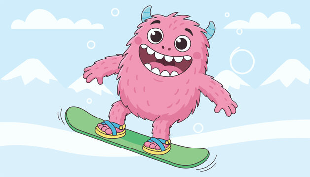 Cute pink furry monster snowboarding happily down a snowy mountain slope, winter extreme sports concept illustration.