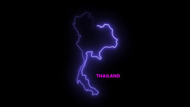 Glowing blue neon outline map of victoria state in Thailand on a dark black background and text Country