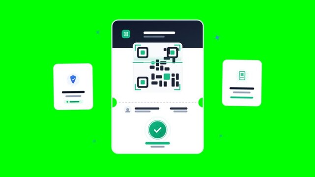 Digital QR code scanner animation on green screen, mobile app interface for secure payment, flat vector smartphone UI design